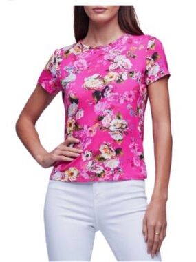 L’agence Floral Crewneck Short-Sleeve Top in Bright Pink